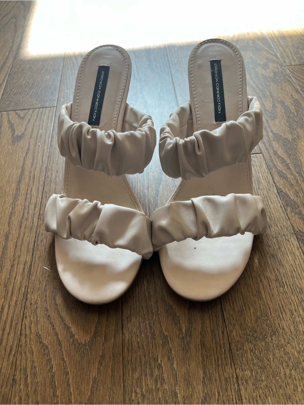 French Connection Nude Ruched Double-Strap Slide Mules